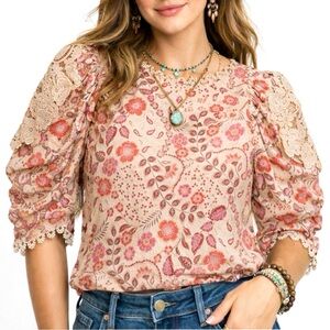 Karlie Paris Pink & Sand Floral Poplin Romantic Crochet Puff Sleeve Blouse Top